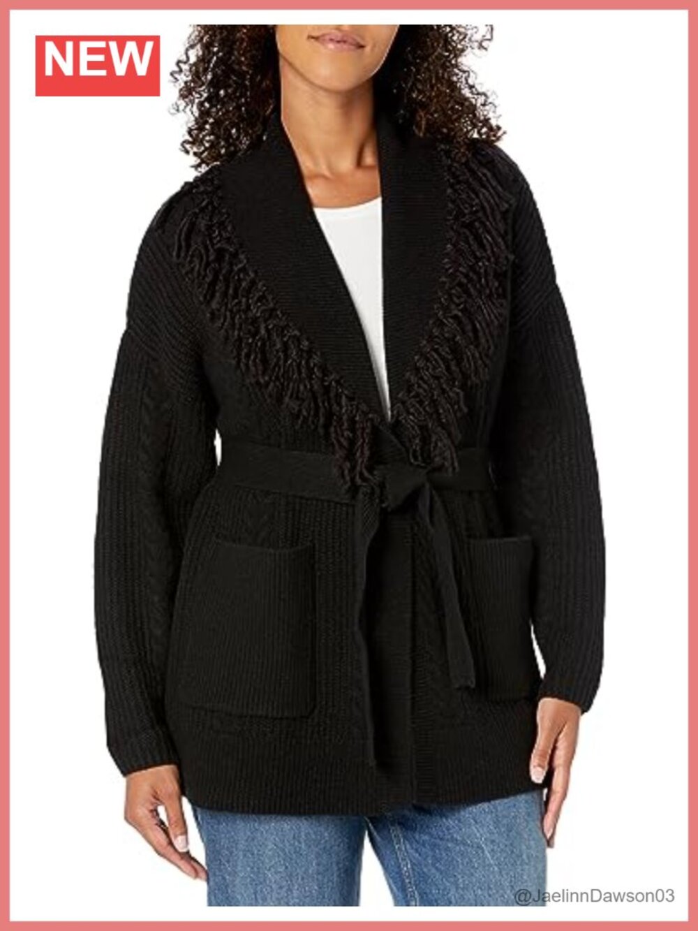 Wool Blend Jacquard Cardigan with Fringe & Belt